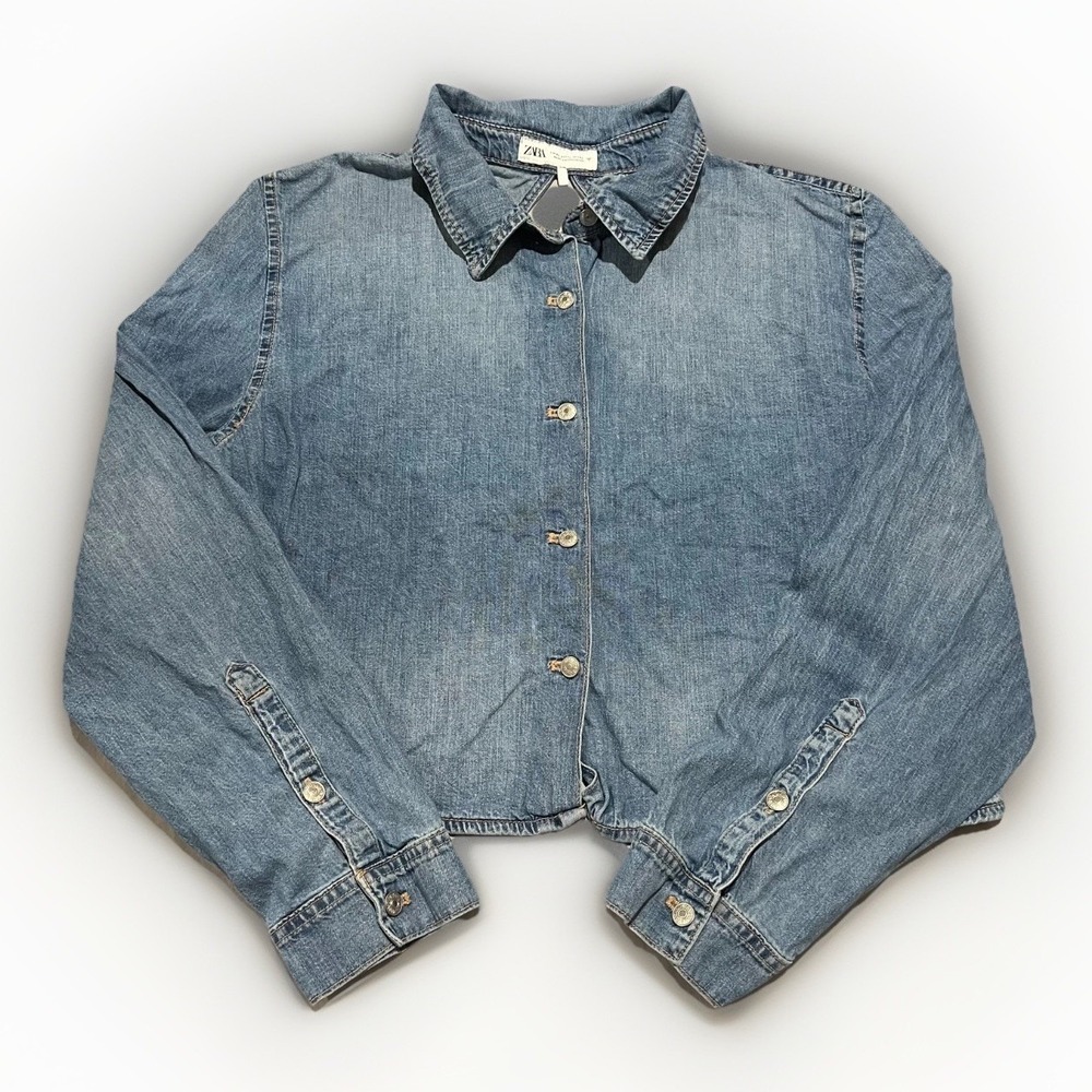 ZARA Womens Blue Denim Open Back Tie Cropped Oversized Button Up Shirt Size XL